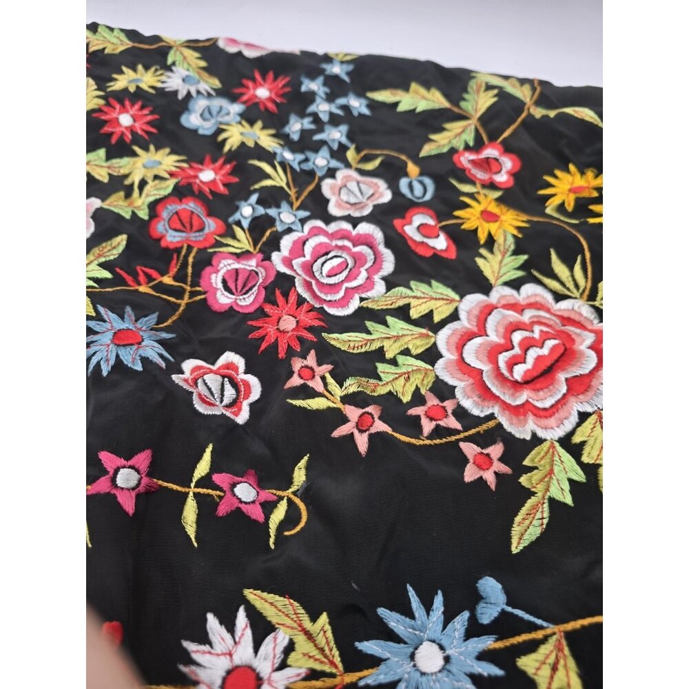 Vintage Embroidered Piano Shawl Black Floral Fringe 47x47 Spanish Style Wrap - Picture 4 of 6